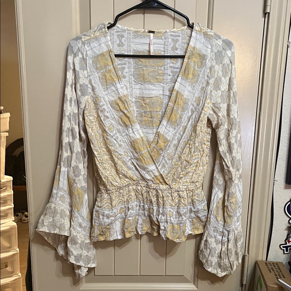 Free People Floral Wrap Blouse in Yellow and Cream